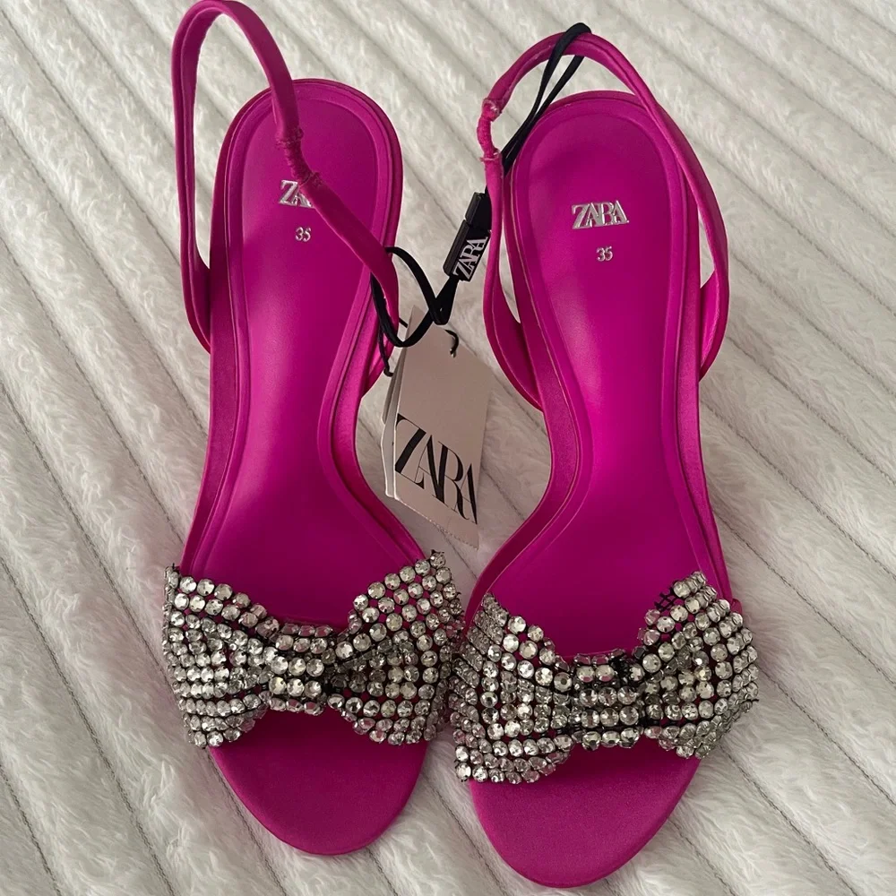 Zara Fuchsia Embellished Bow High Heel Slingbacks - Picture 4 of 13
